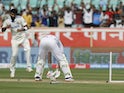 India bowler Jasprit Bumrah takes the wicket of England's Ollie Pope on February 3, 2024.