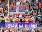 Kansas City Chiefs quarterback Patrick Mahomes (15) hoists the Vince Lombardi Trophy after defeating the San Francisco 49ers in Super Bowl LVIII on February 11, 2024