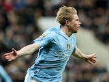 Manchester City midfielder Kevin De Bruyne celebrates scoring against Newcastle United on January 13, 2024