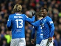 Rangers' Rabbi Matondo celebrates scoring their first goal with Todd Cantwell on February 6, 2024