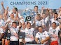 Saracens' Owen Farrell lifts the trophy as they win the Premiership on May 27, 2023