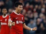 Wataru Endo celebrates scoring for Liverpool on October 26, 2023